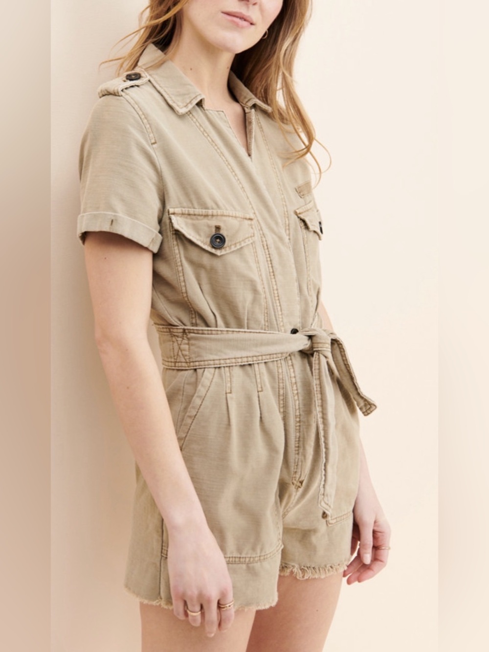 Free People Off the Beaten Path Utility Romper in Khaki Brown Size Small